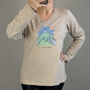 Life is Good Womens Crusher T-Shirt Classic Fit Size L Beige Mountains "Unplug"
